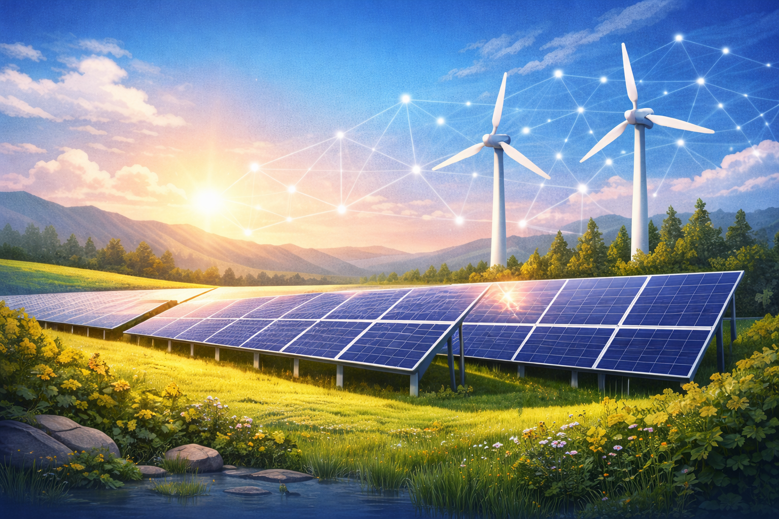 Solar panels and wind turbines connected by blockchain nodes representing renewable energy tokenization