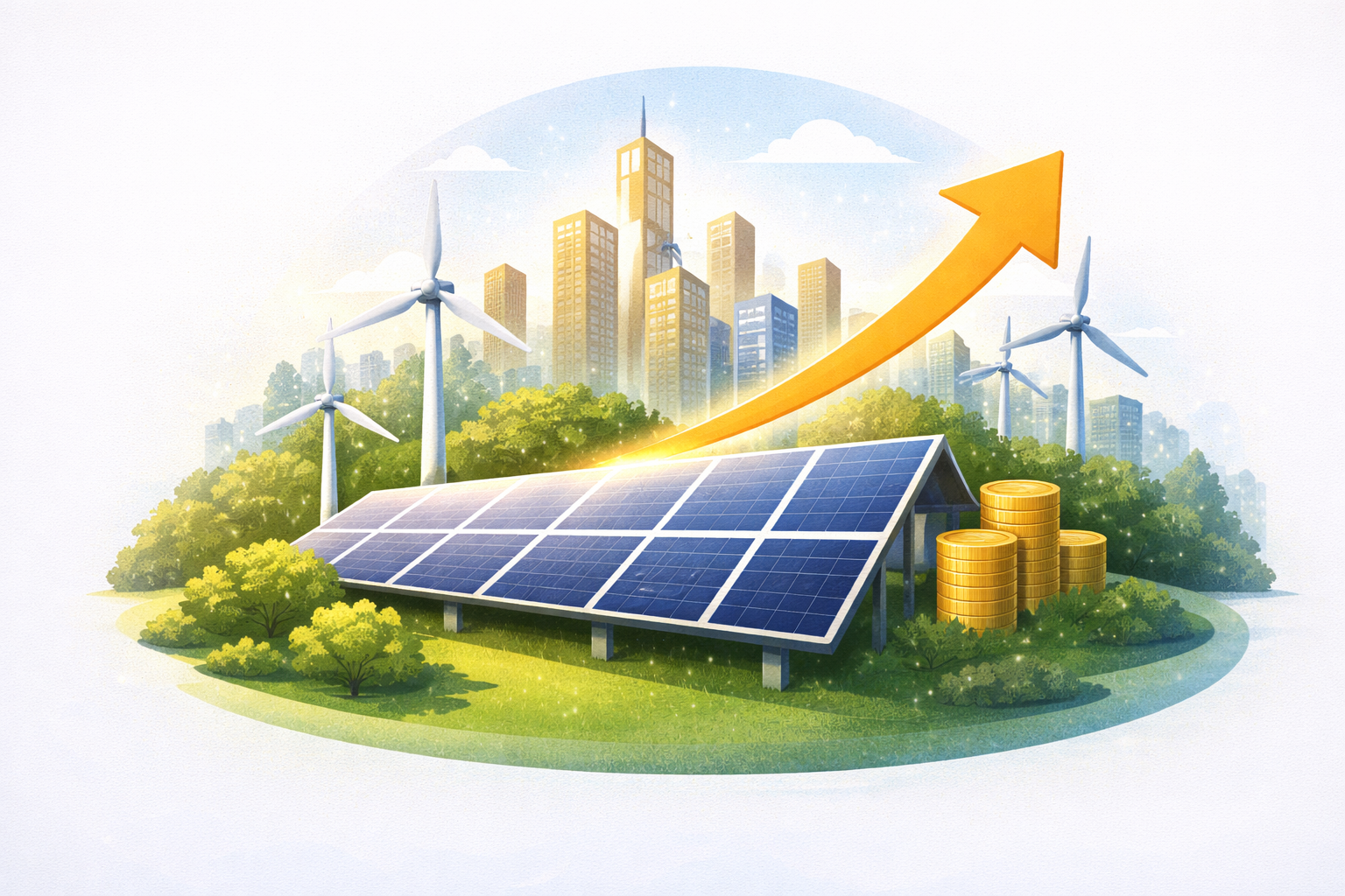 Renewable energy city with solar panels, wind turbines, and growth arrow showing sustainable investment returns