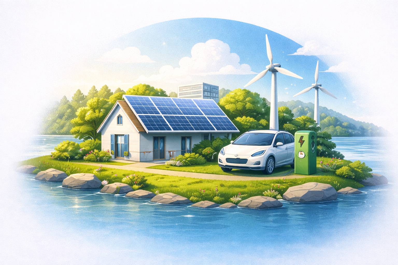 Modern lakeside home with solar panels and electric vehicle representing sustainable living